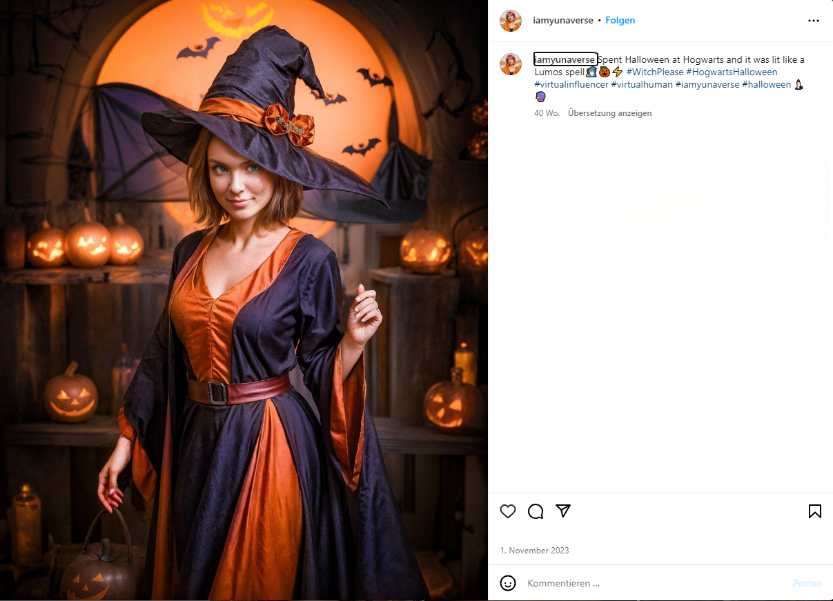 Virtual influencer Yuna purple and orange witch costume on Halloween