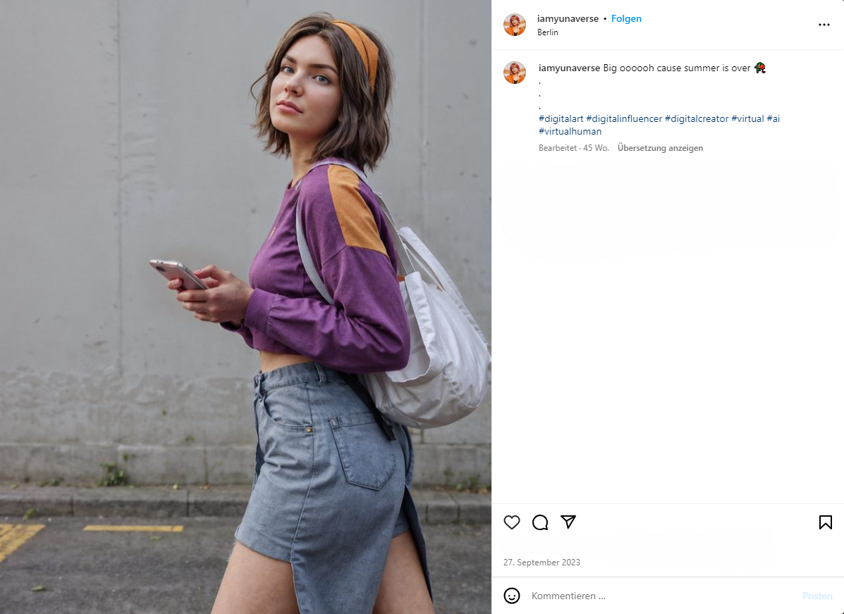 Virtual influencer Yuna in a purple sweater and jeans on the street