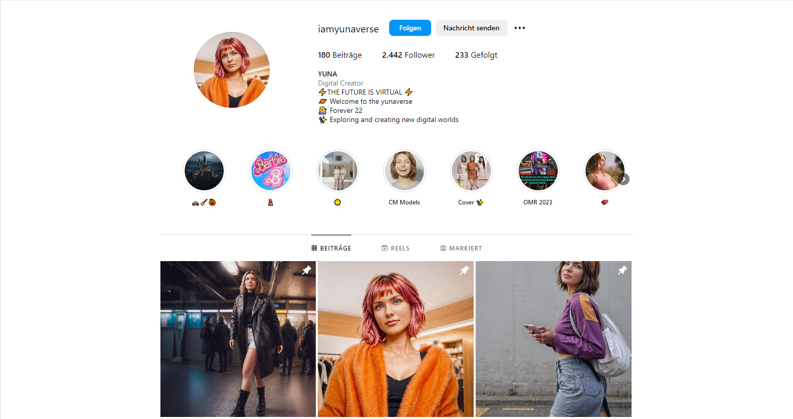 Instagram profile of virtual influencer Yuna from Berlin