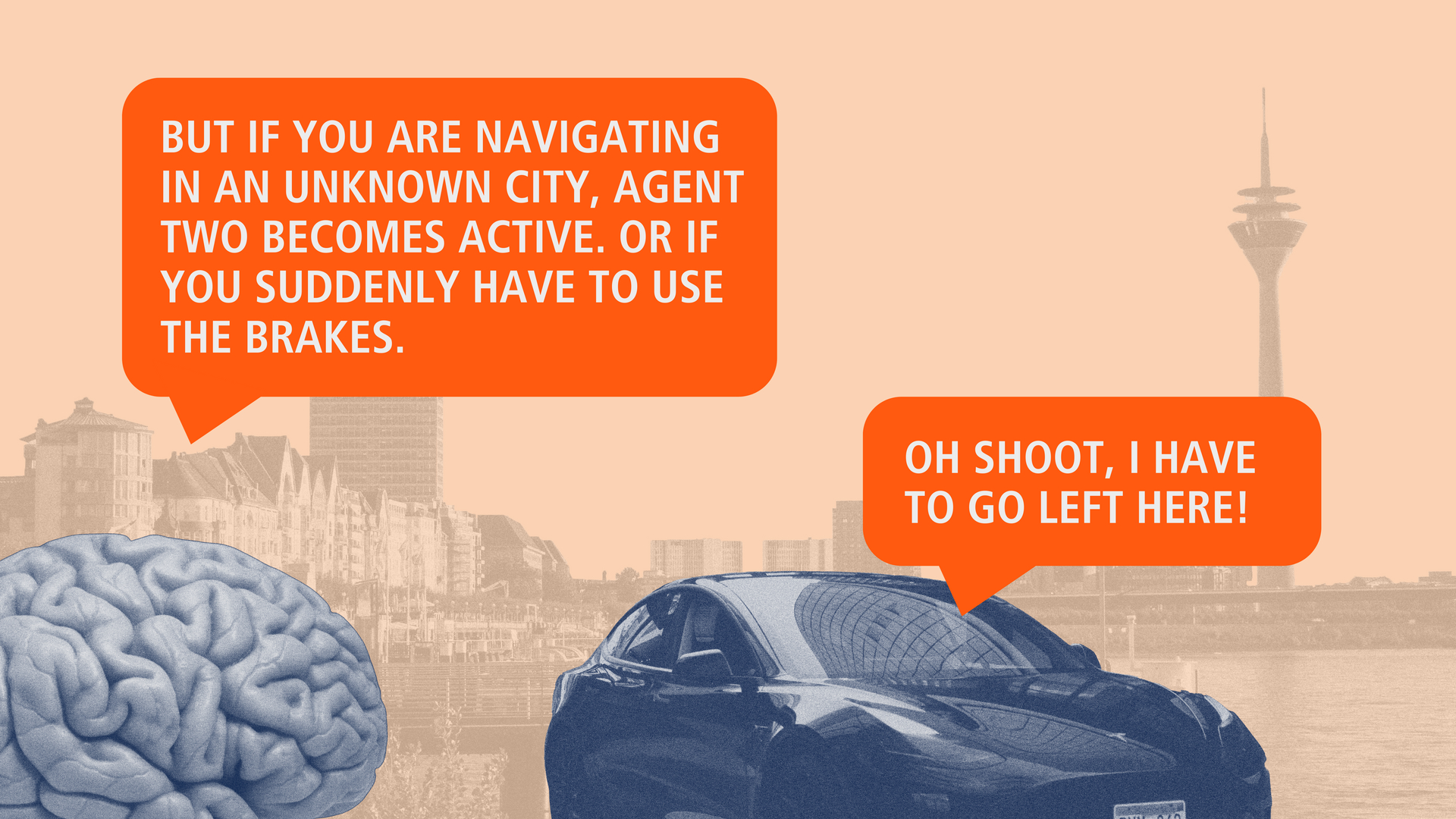 Dark sports car drives through the city to the right