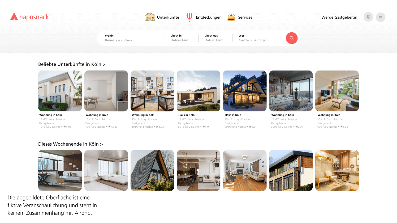 Modernere Version von „napnsnack“ mit UI-Design für Unterkünfte und Bewertungen in Köln (fiktive Darstellung)