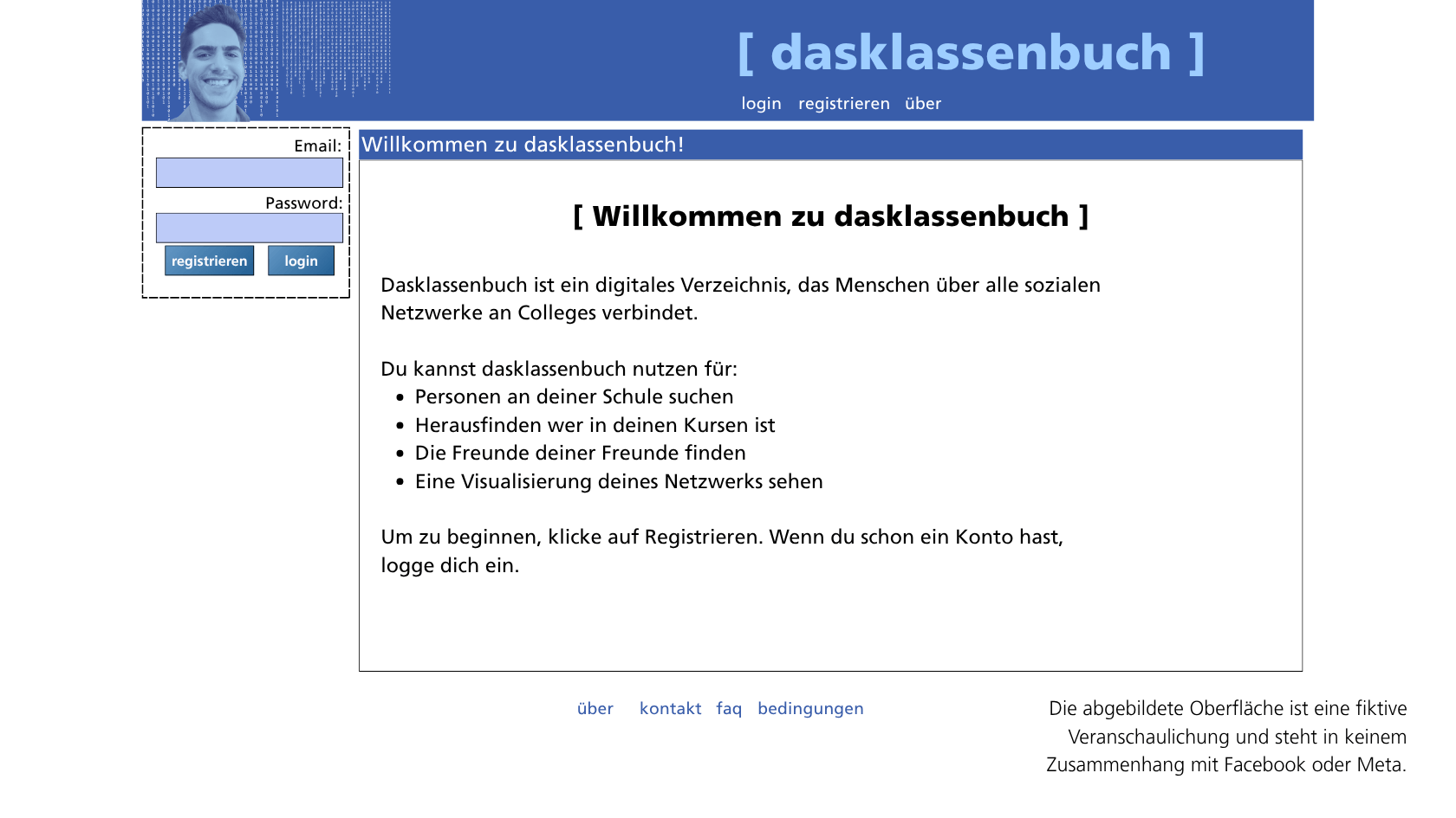 Interface „dasklassenbuch“ mit Loginmaske und Funktionsbeschreibung