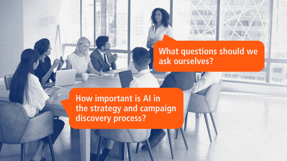 Meeting scene with questions about the role of AI in strategy - Business meeting with orange speech bubbles asking questions about the importance of AI in strategy and campaign development.