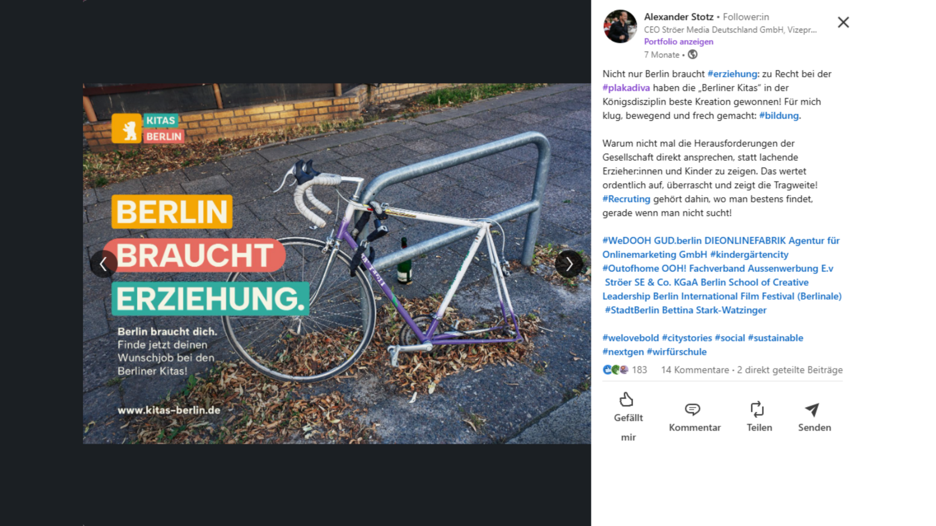 Poster campaign for Berlin daycare centres with the slogan ‘Berlin needs education’ in colourful letters. In the background is a damaged bicycle on a bicycle stand. The campaign humorously draws attention to the shortage of educators.
