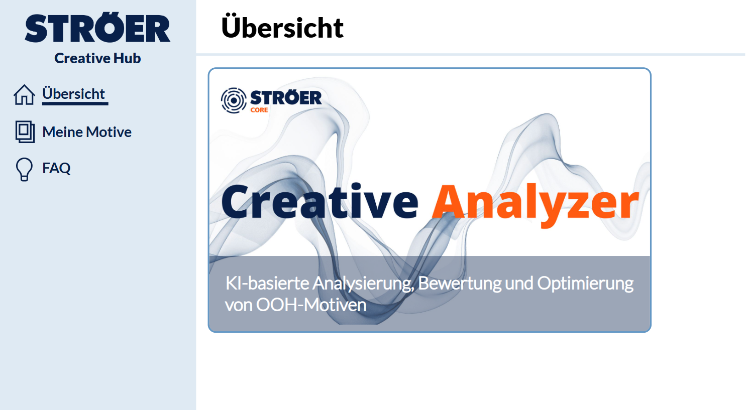 Ströer Creative Hub Oberfläche mit Vorschau des Creative Analyzer und Navigationselementen