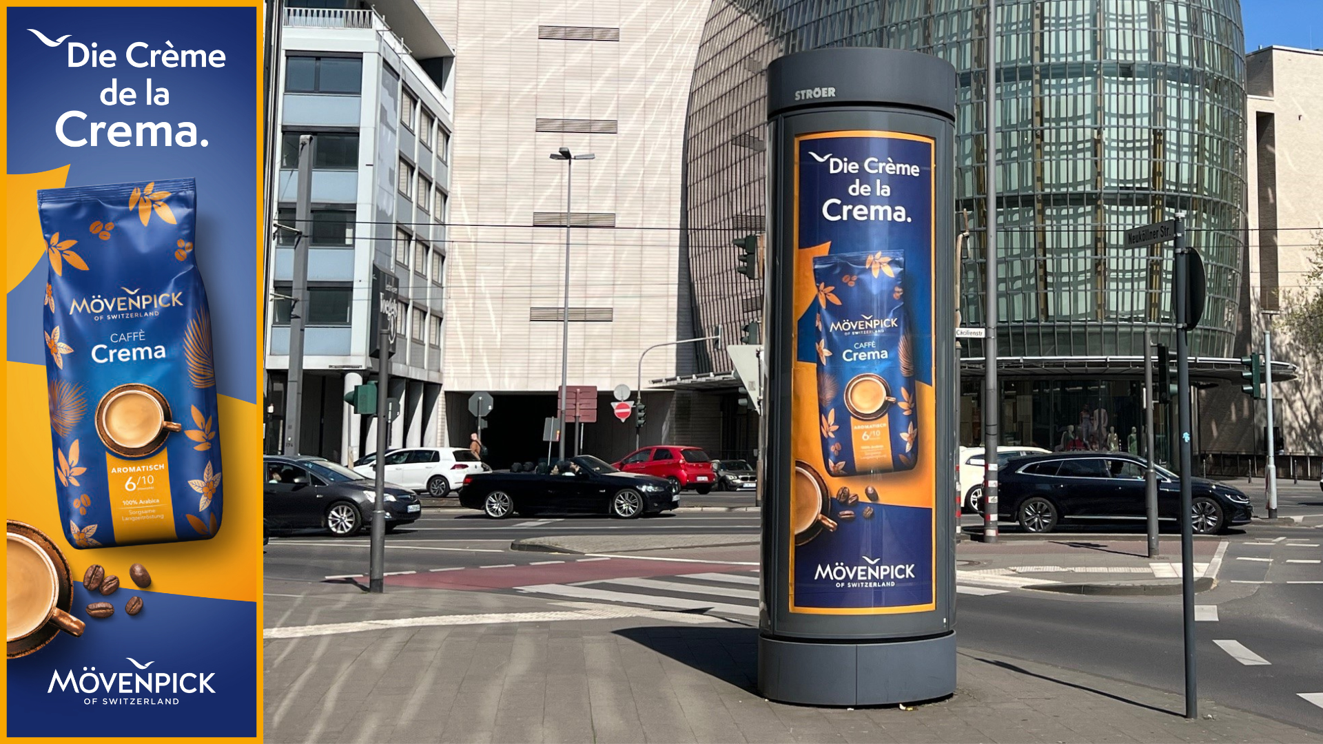 Orange-Blaues Mövenpick Caffè Crema Plakat mit dem Slogan „Die Crème de la Crema“ auf einem Premium Citylight Poster in urbaner Straßenszene bei Tageslicht.