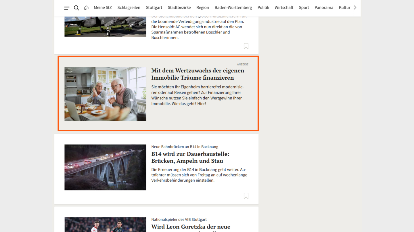 Native Advertising Anzeige über Immobilienfinanzierung auf der Website der Stuttgarter Zeitung.