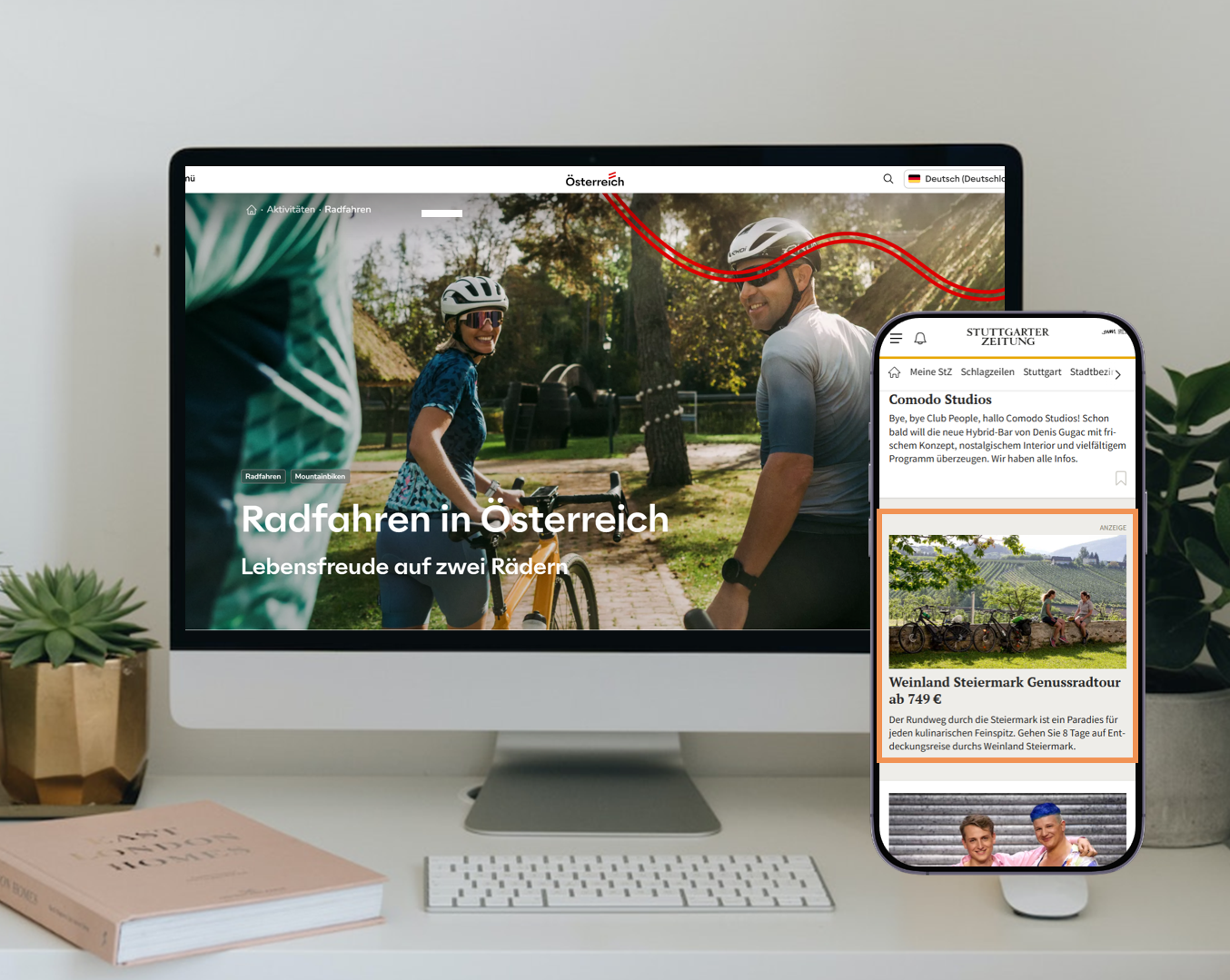 Desktop und Smartphone zeigen digitale Werbung für Radreisen in Österreich.