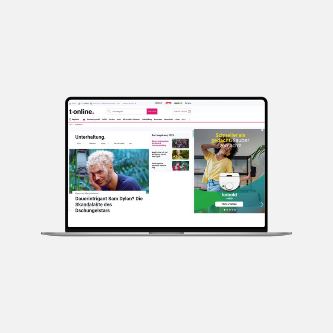 Desktop-Ansicht von High Impact Ads auf t-online.de mit prominenter Markenplatzierung neben redaktionellen Inhalten.