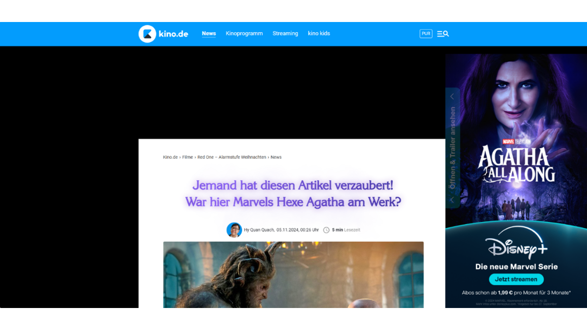 Interaktive High Impact Kampagne für Marvels Agatha All Along auf kino.de mit visuellen Effekten und Werbeplatzierung.