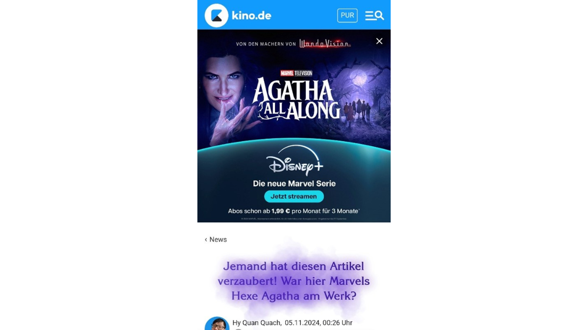 Mobile High Impact Ad für Marvels Agatha All Along auf kino.de mit animierter Werbung und CTA-Button.