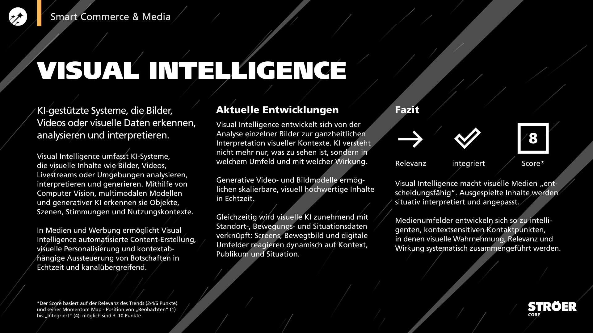 Infografik zum Trend „Visual Intelligence“ über KI-Systeme, die visuelle Kontexte erkennen und Inhalte situativ in Echtzeit anpassen.