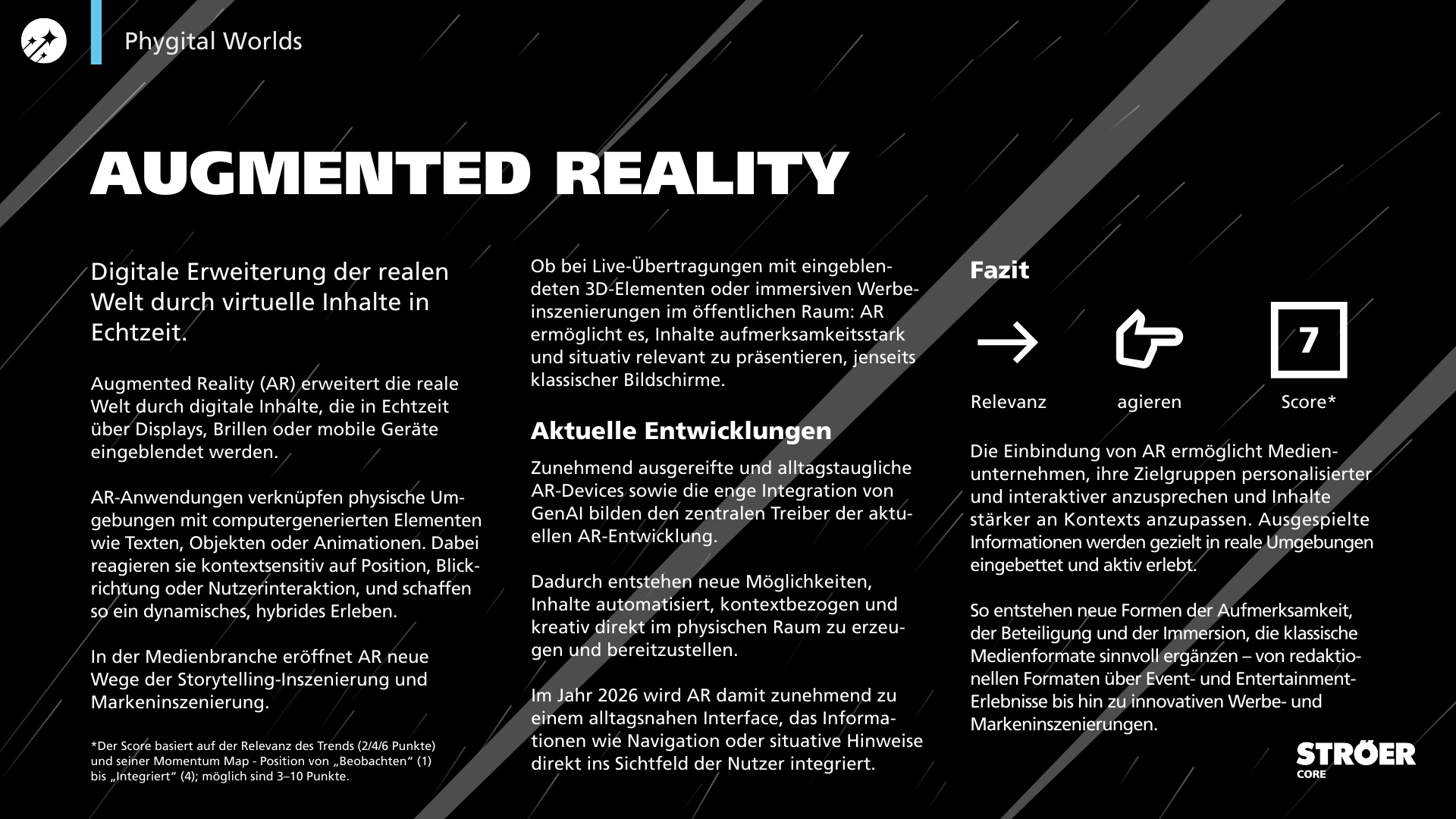Slide „AUGMENTED REALITY“: Erklärung von AR und Einsatzfeldern; aktuelle Entwicklungen; Fazit mit Icons (Relevanz, agieren) und Score 7; dunkles, diagonales Design.