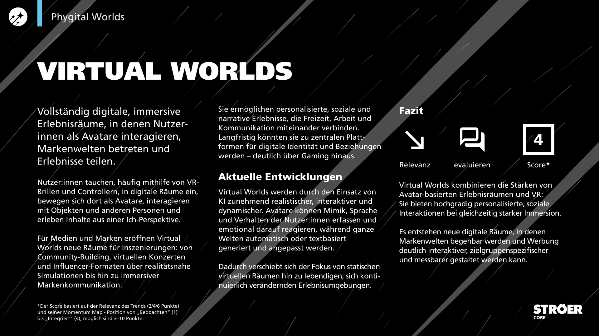 Slide „VIRTUAL WORLDS“: Immersive, vollständig digitale Erlebnisräume; Entwicklungen durch KI/Avatare; Fazit mit Icons (Relevanz, evaluieren) und Score 4; dunkles, diagonales Design.