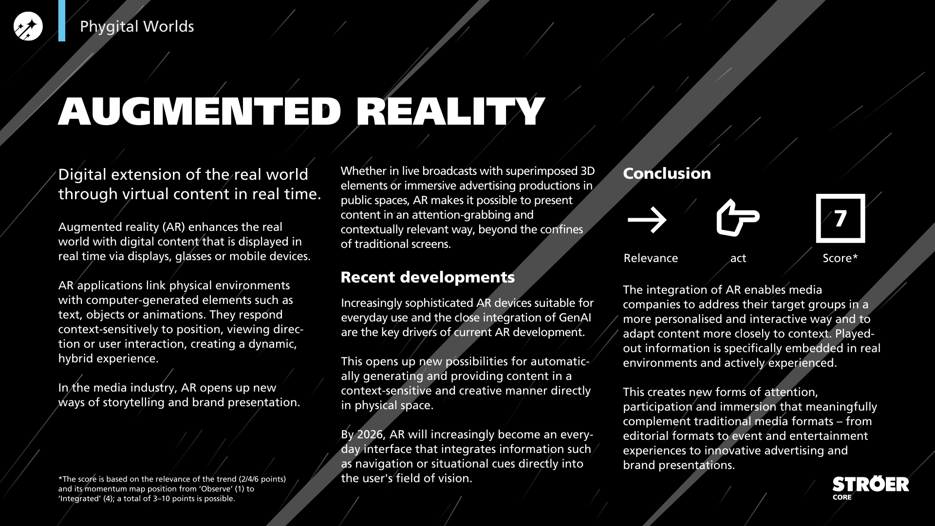 “AUGMENTED REALITY” slide: definition of AR and use cases; current developments; conclusion with icons (relevance, acting) and score 7; dark diagonal design.