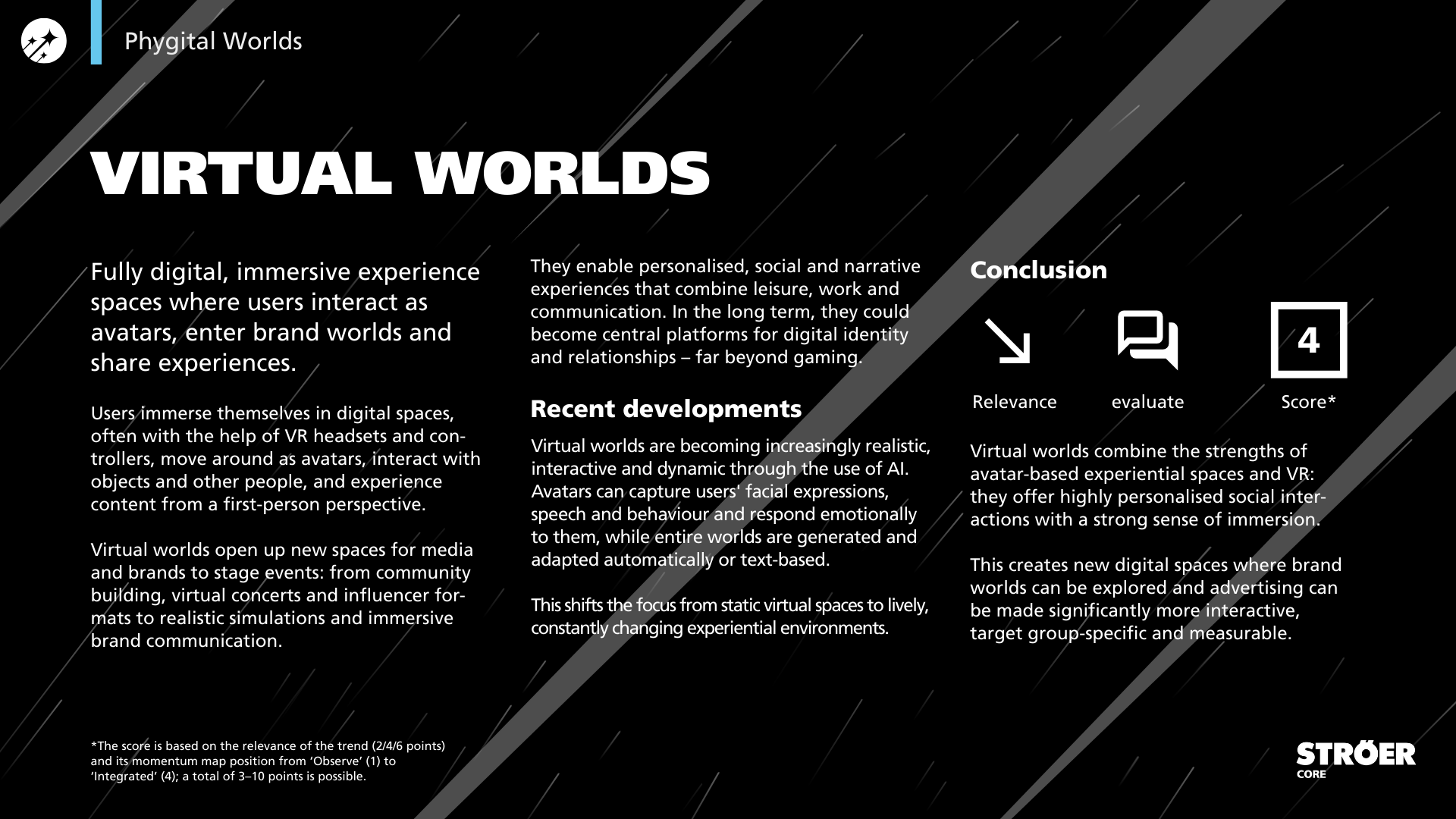 “VIRTUAL WORLDS” slide: fully digital immersive spaces; AI/avatar-driven developments; conclusion with icons (relevance, evaluate) and score 4; dark diagonal design.