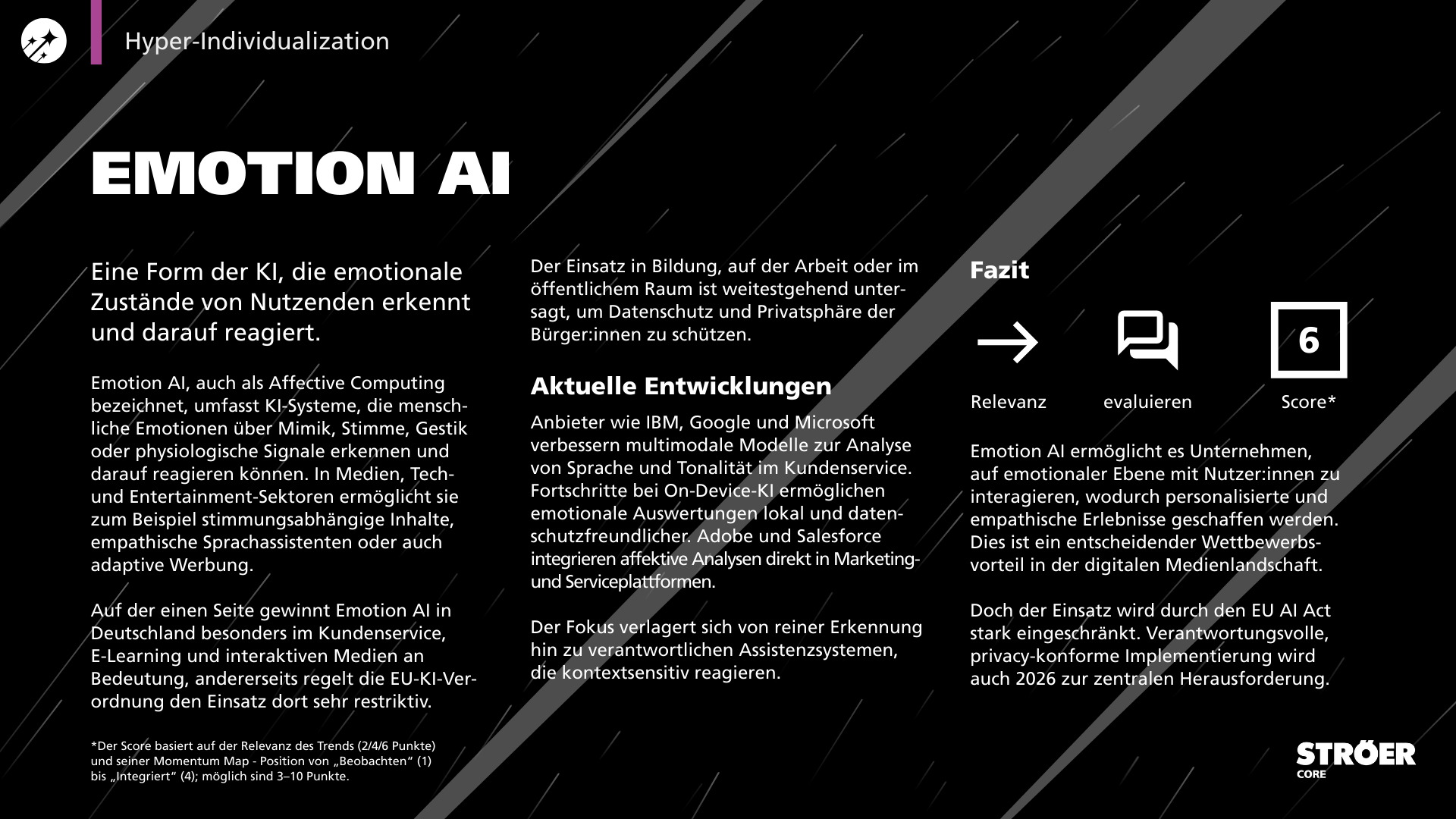 Trendkarte zum Mikrotrend Emotion AI mit Erläuterung emotionaler KI-Systeme, aktuellen technologischen Entwicklungen, rechtlichen Rahmenbedingungen und Relevanzbewertung.