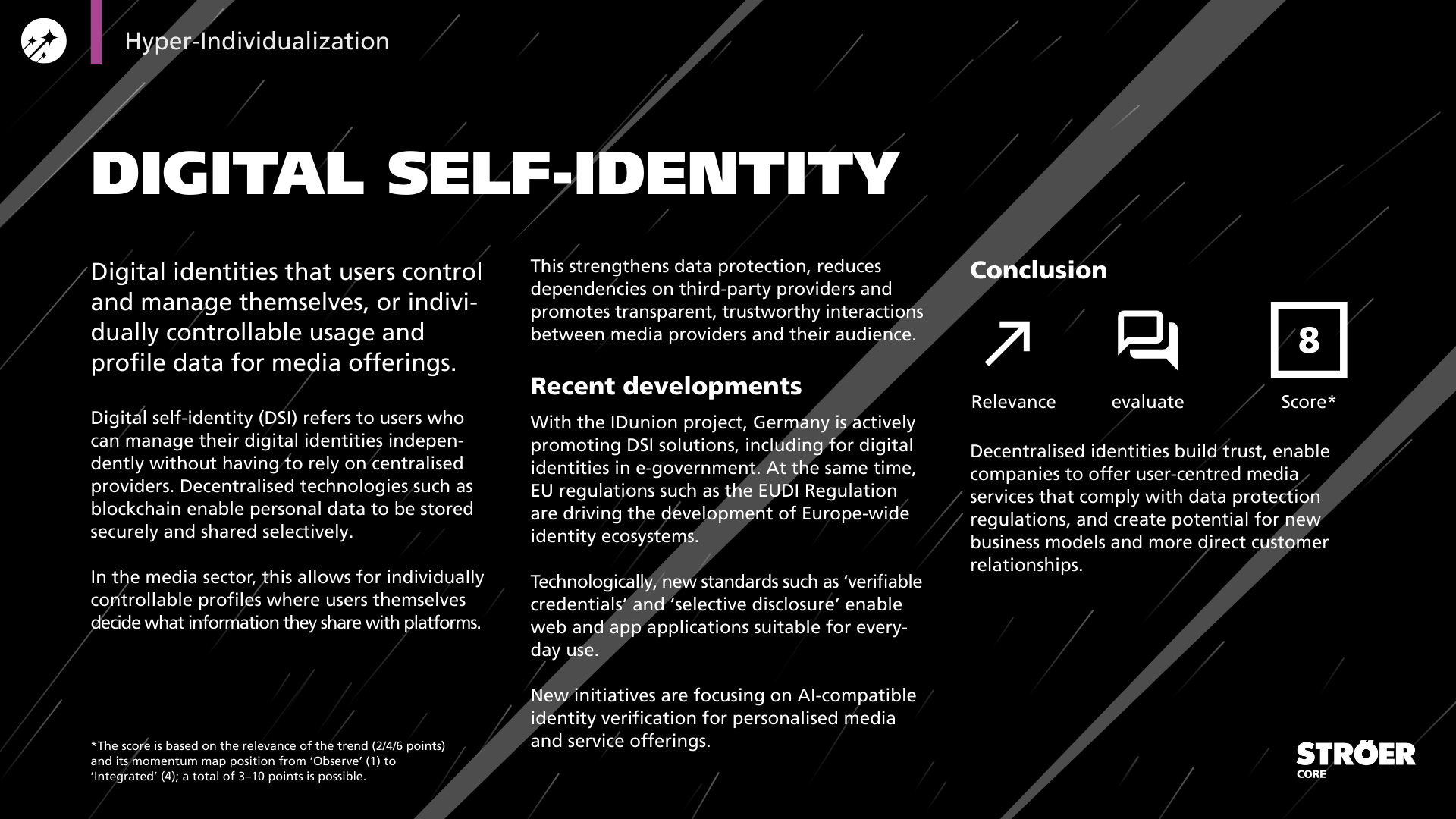 Trend card explaining digital self-identity, including definition, recent developments, conclusion and relevance score within the hyper-individualisation context.