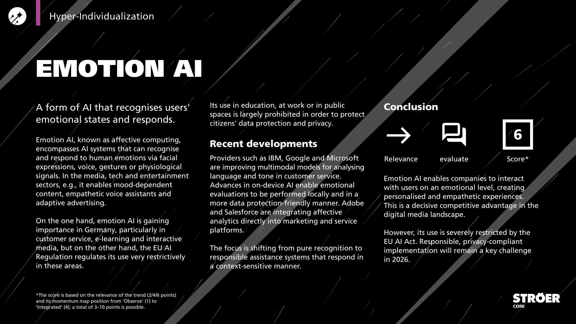 Trend card on emotion AI outlining emotional recognition technologies, recent developments, regulatory limitations and relevance for personalised user experiences.