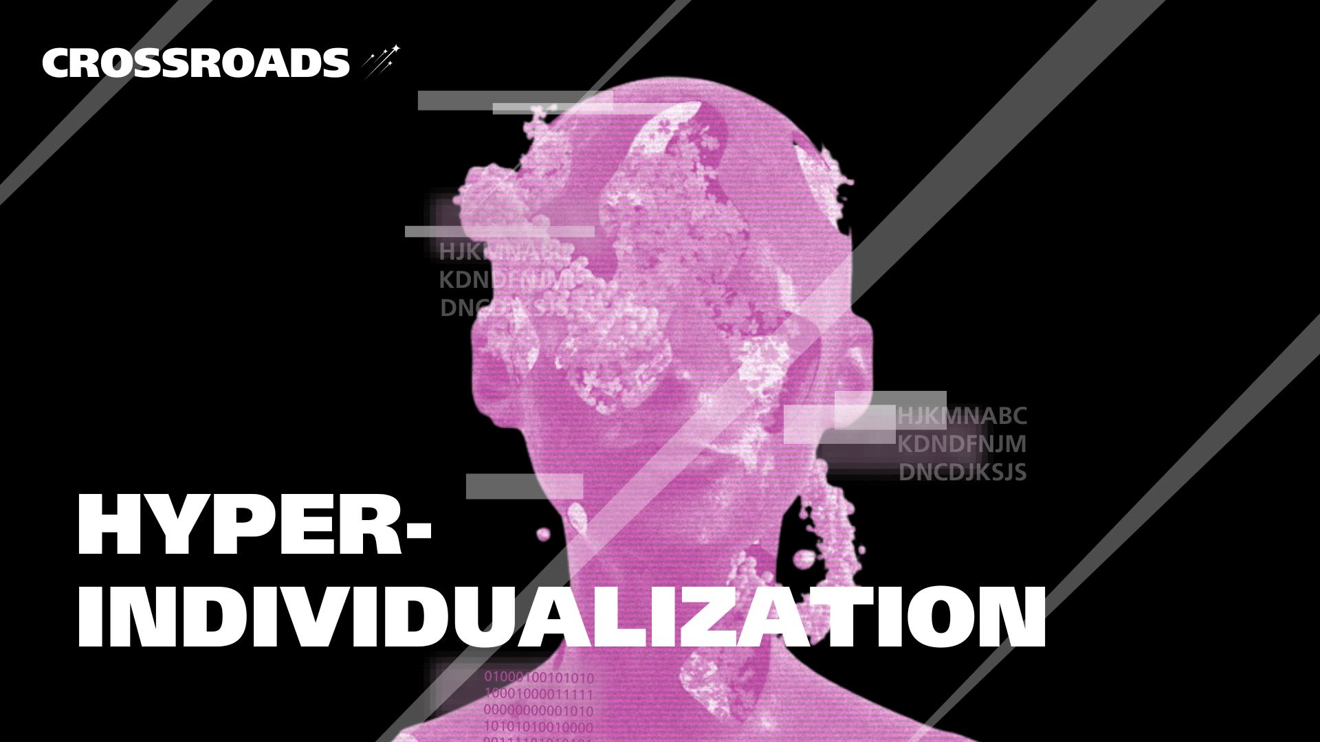 Abstrakte Illustration eines menschlichen Kopfprofils in Pink vor schwarzem Hintergrund, kombiniert mit grafischen Datenfragmenten und der Überschrift Hyper-Individualisierung.