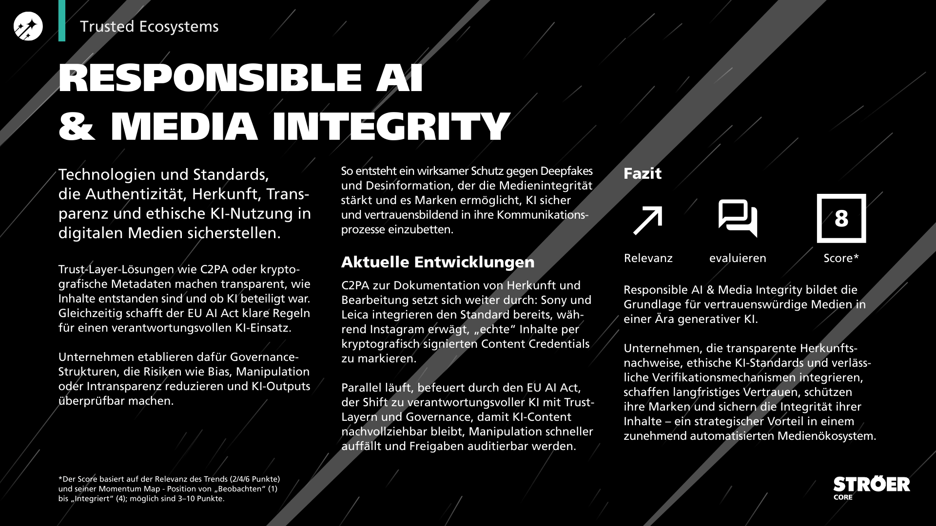 Trendkarte zu Responsible AI & Media Integrity: Fokus auf Authentizität, C2PA-Standards und Schutz vor Deepfakes.