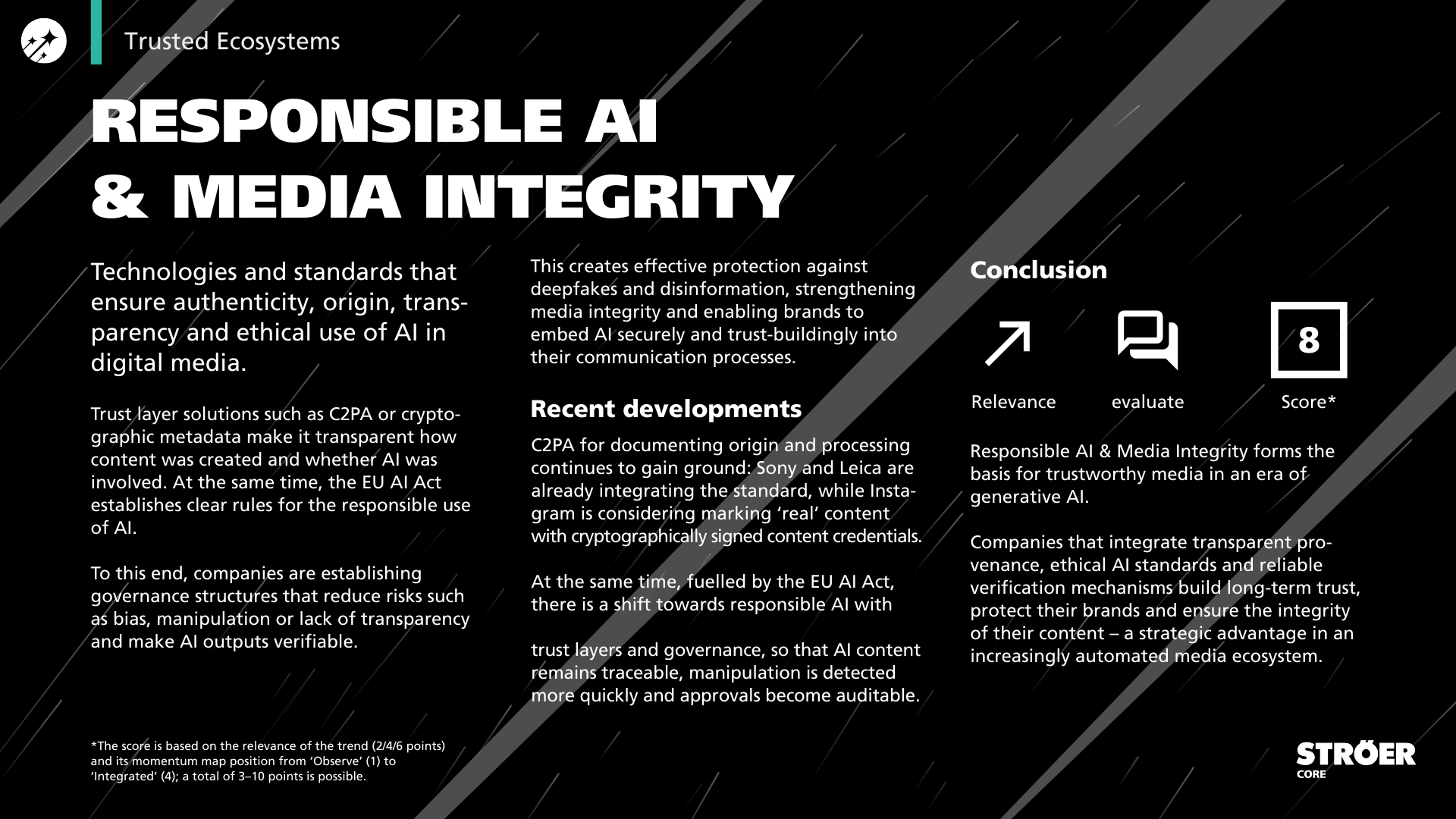 Trend card for Responsible AI & Media Integrity: focusing on authenticity, C2PA standards, and protection against deepfakes.