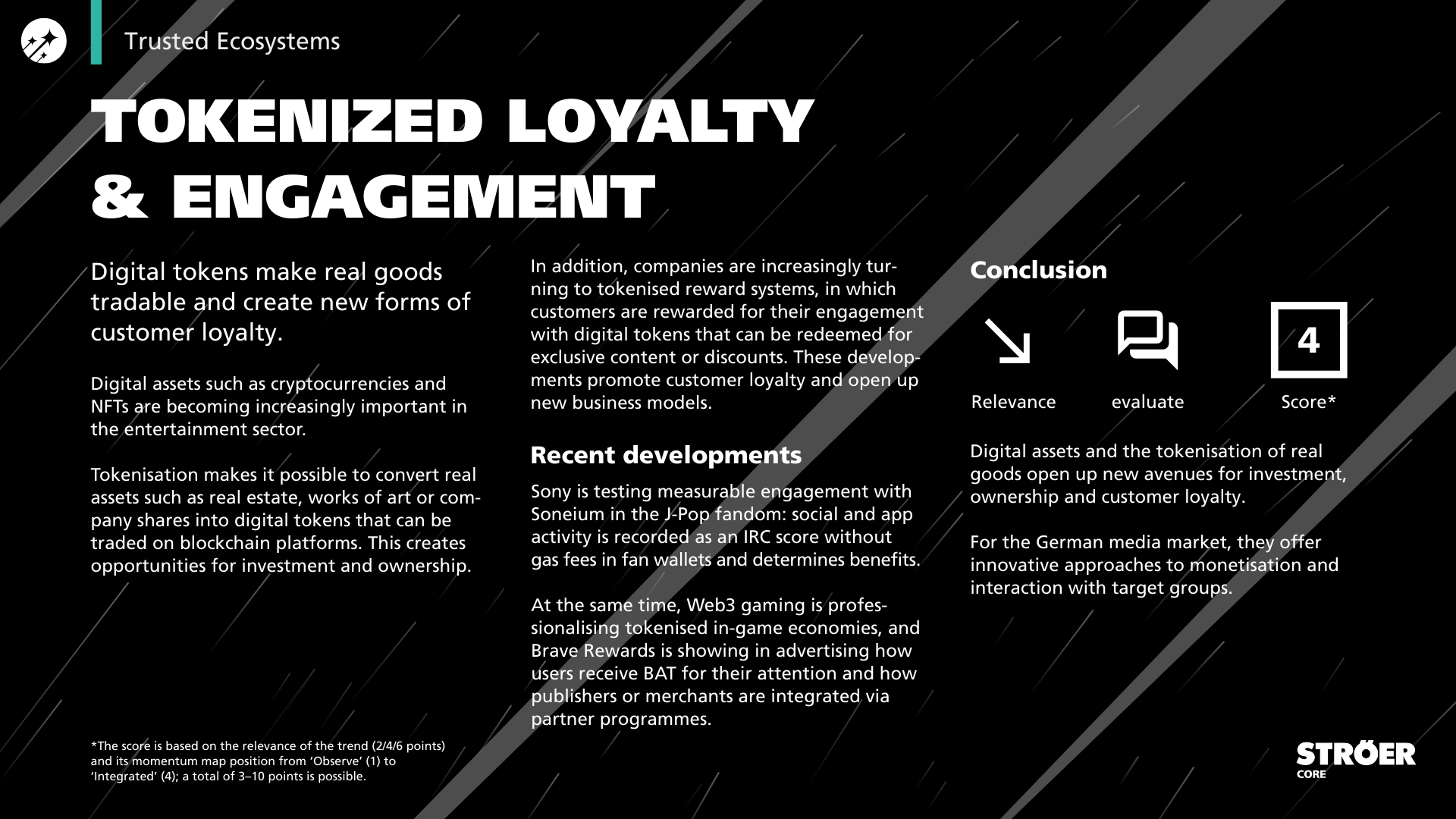 Trend card for Tokenized Loyalty & Engagement: using digital tokens and blockchain for new forms of customer loyalty.