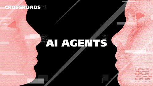 Zwei stilisierte digitale Gesichter stehen sich gegenüber, dazwischen der Schriftzug „AI Agents“ im Crossroads-Design.