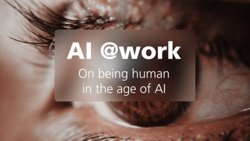 Close-up of a human eye with overlaid text "AI @work – On being human in the age of AI