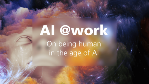 Abstract AI face in cloud formation with text “AI @work – On being human in the age of AI”
