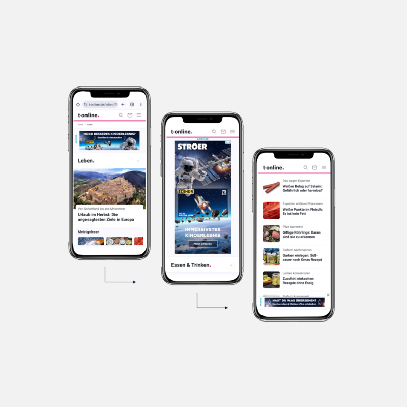 Mobile High Impact Ads auf t-online.de mit nahtlosen Werbeplatzierungen in redaktionellen Umfeldern.
